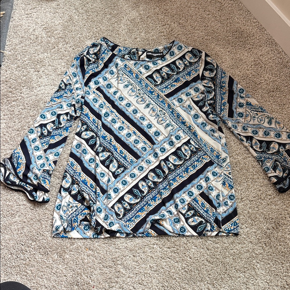 Karl Lagerfeld Blue and White Patterned Blouse M